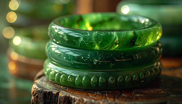 Close-up of glossy jade bangles stacked, capturing detail