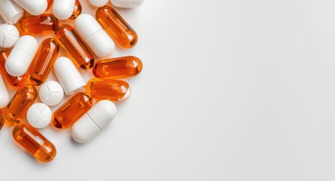 Close top view of Amoxicillin pills spilled with clear copy space