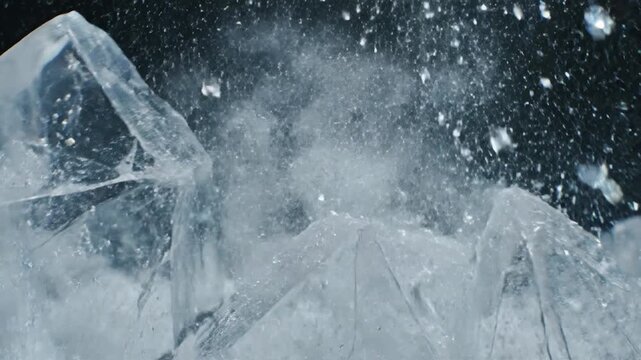 Abstract explosion of ice shards and water splashes, frozen water breaking apart