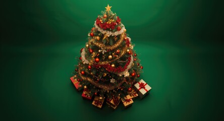 Obraz premium Birds eye view of a Christmas themed scene with decorated tree and presents set against a green backdrop for greetings