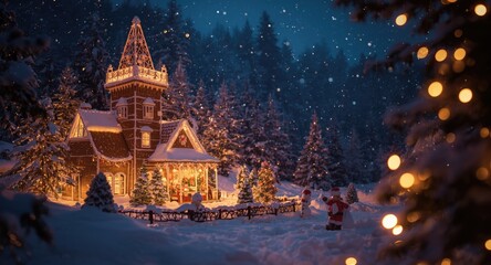 Fototapeta premium Bright gingerbread tower house glowing amid a snowy Christmas landscape filled with cheerful lights
