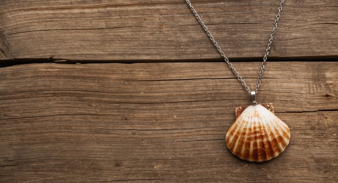 Artisan seashell necklace laid on rustic wooden texture showcasing organic surface and copy space