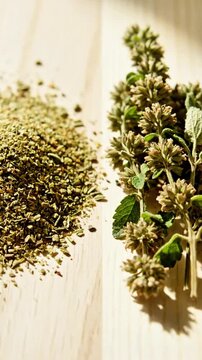 Dried oregano and fresh sprigs of oregano on a wooden surface showcasing culinary herbs for cooking seasoning and natural food photography