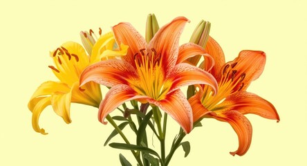 Fototapeta premium Colorful lily blossoms in vibrant yellow pink and orange tones isolated against plain background