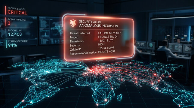 Security alert anomalous incursion lateral movement high severity digital threat detection interface cybersecurity global map floating notification panel data center isolate host