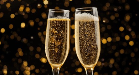 Obraz premium Bright festive celebration featuring two champagne glasses with sparkling golden bubbles