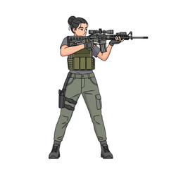 Female soldier aiming assault rifle, tactical gear, combat readiness, military action