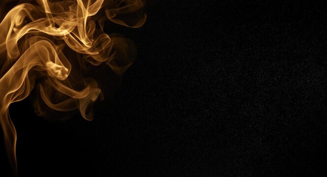 Abstract gold smoke swirling on dark black textured background with copy space