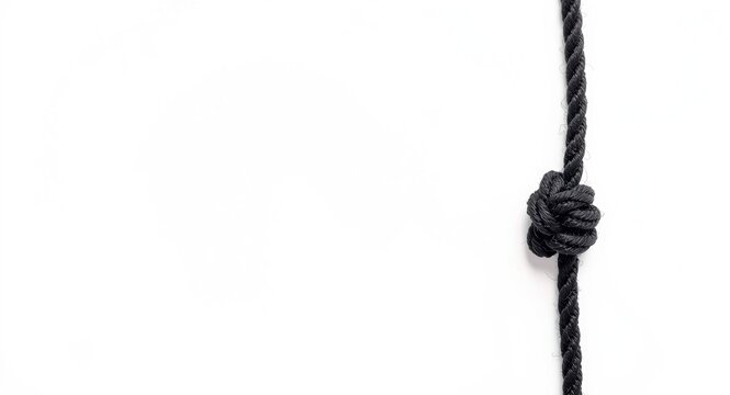 Close observation of a black rope knot neatly arranged on a plain white background revealing texture details and masterful skill