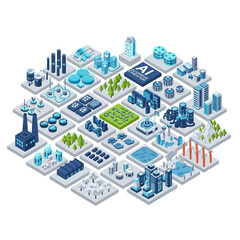 Obraz premium Isometric illustration of a smart city concept with AI integration, showcasing various urban elements and infrastructure.