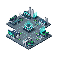 Obraz premium Isometric illustration of a smart city's interconnected industrial and technological infrastructure, showcasing data centers, renewable energy, and advanced control systems.