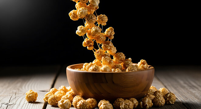 Close-up of caramel popcorn falling into a wooden bowl on rustic table.