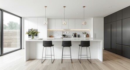 Fototapeta premium Bright minimalist modern kitchen with island and sleek high chairs
