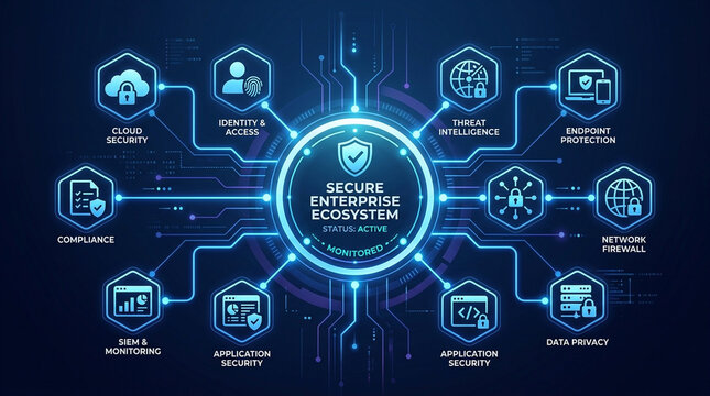 Secure enterprise ecosystem illustration with connected system icons cloud security identity access threat intelligence endpoint protection network firewall compliance monitoring application