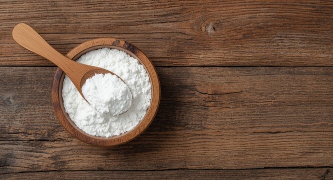 Calcium hydroxide powder in eco friendly wooden bowl with spoon positioned on rough rustic wood surface