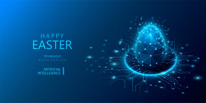 Easter Egg Isometric Concept With Glowing Low Poly Lines In Blue Technology Style. AI Egg Background. Futuristic Abstract Neon Holiday Card Vector. 