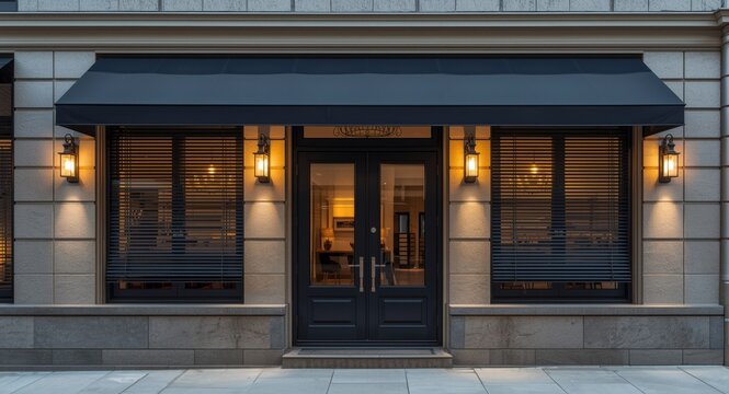 Building exterior design with operable venetian blinds and slate canopy managing lighting