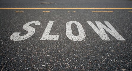 Fototapeta premium Asphalt surface with large Slow traffic advisory in English