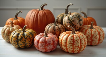 Obraz premium Colorful and creatively patterned pumpkins grouped on a white table for autumn decor