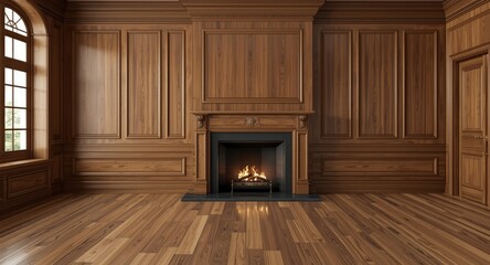 Naklejka premium Elegant classic wood room with panelled walls and a warm fireplace on polished hardwood floor mockup