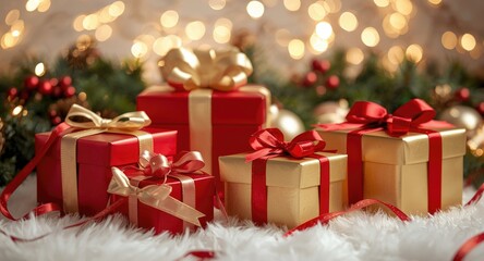 Obraz premium Elegant wrapped gift boxes in red and gold with festive ribbons on a softly lit holiday scene