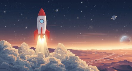 Fototapeta premium Cartoonish rocket taking off under bright skies on a distant planet