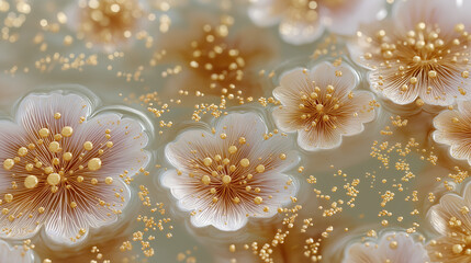 金粉が舞う幻想的な白い花と水の波紋（和風・お正月・春・テクスチャ