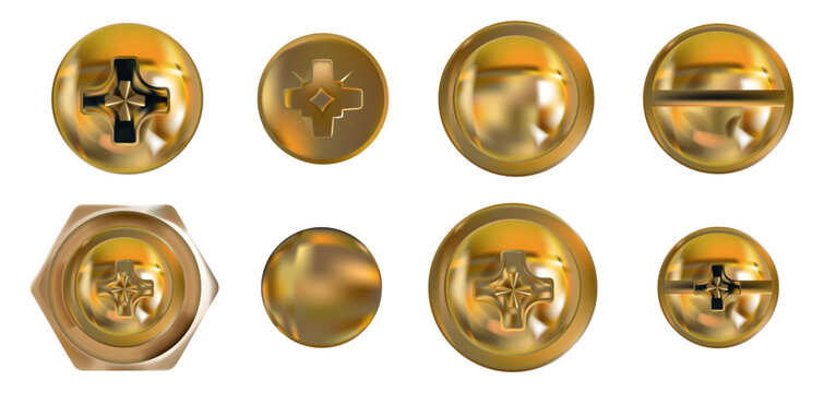 Screw head collection - golden bolt tops and metal rivets in realistic 3D style. Steel pins with hexagon caps, chrome hardware icons, rusty nail designs and copper screws for industrial illustration.