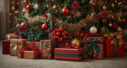 Obraz premium Christmas gift packages under tree surrounded by festive decorations and blurred backdrop
