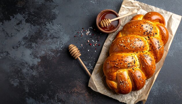 Braided challah bread beside honey on dark stone background with pink salt for Jewish holiday celebration