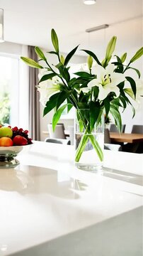 Elegant white lilies in a glass vase grace a modern kitchen countertop complemented by fresh fruit and bathed in soft natural light a symbol of luxury and refined living