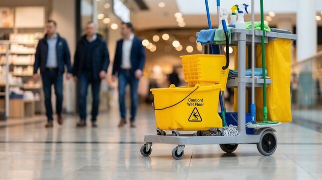 Cleaning cart in a shopping mall, Yellow mop bucket with wet floor sign, Professional janitorial equipment in public space