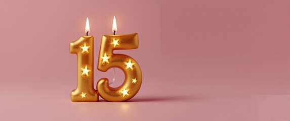 Obraz premium Elegant gold candle shaped as number 15 with bright stars on a subtle pink backdrop