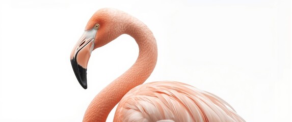 Naklejka premium Elegant side view of a flamingo featuring soft pink feathers against a white backdrop