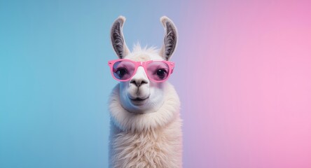 Fototapeta premium Delighted llama in flashy pink eyewear against a gentle pastel gradient of blue and pink providing copy space