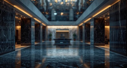 Fototapeta premium Contemporary hotel atrium with marble backdrop and ambient cool bokeh lighting for refined design background