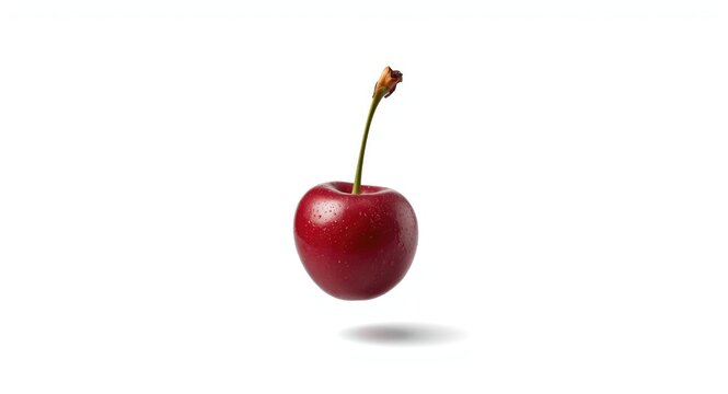 Juicy cherry descending freely on an unblemished white background for zero gravity food