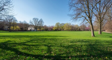 Obraz premium Bright and colorful springtime view of a wide grassy park