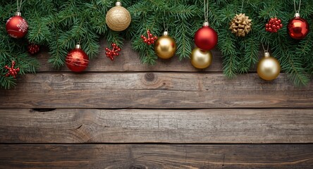 Obraz premium Cheerful Christmas evergreen dressed up with festive ornaments on wooden planks