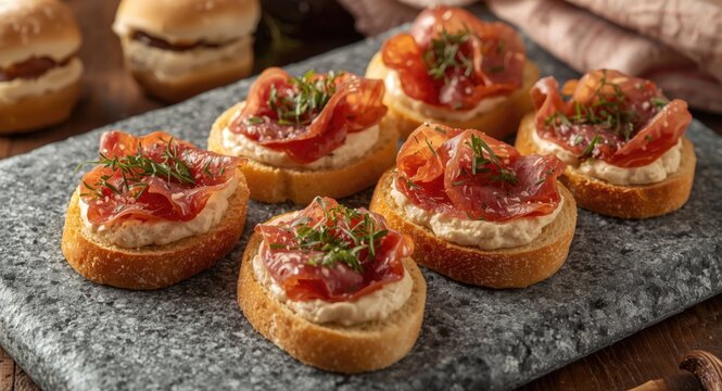 Delicious Italian bruschette garnished with Parma salami and smooth pate on a stone tray