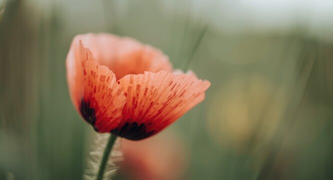 Close up view of blooming opium poppy with soft blurred background