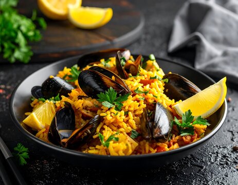 Rice with mussels, parsley, and lemon wedges on dark surface, culinary photograph