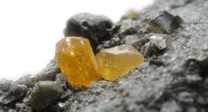 Close up macro view of galena and phosphate stones on a white background
