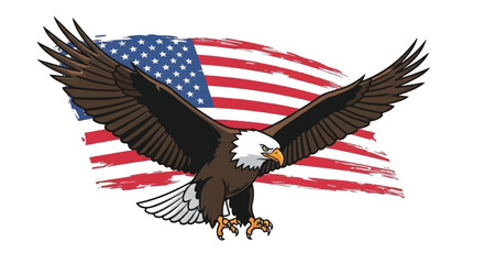 Fototapeta premium Majestic Eagle Soaring in Front of the American Flag, Symbolizing Freedom and Patriotism
