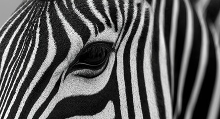 Fototapeta premium Close up of a zebra head with focused eye and blurred stripes in monochrome