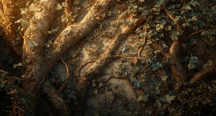 Fototapeta premium Artistic nature backdrop featuring textured climbing vines and leafy abstract tree forms