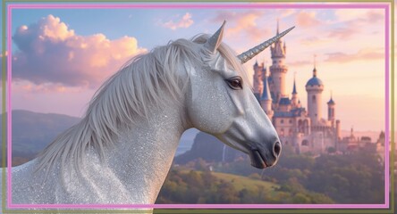 Fototapeta premium Majestic unicorn paired with magical castle border in 2D art