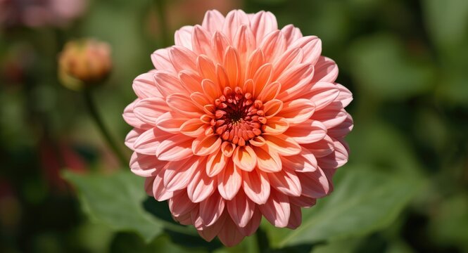 Detailed pink peach Kiku chrysanthemum flower in bright sunlight