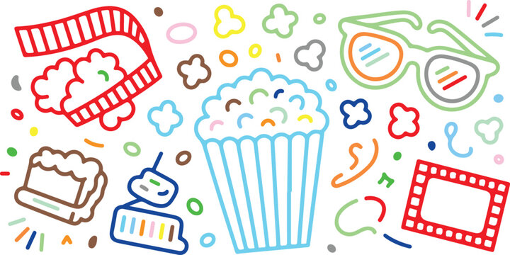 colorful movie and cinema icons and objects with popcorn bucket and 3d glasses isolated on white background