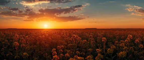 Copy space photography featuring a rapeseed field under a brilliant sunset glow